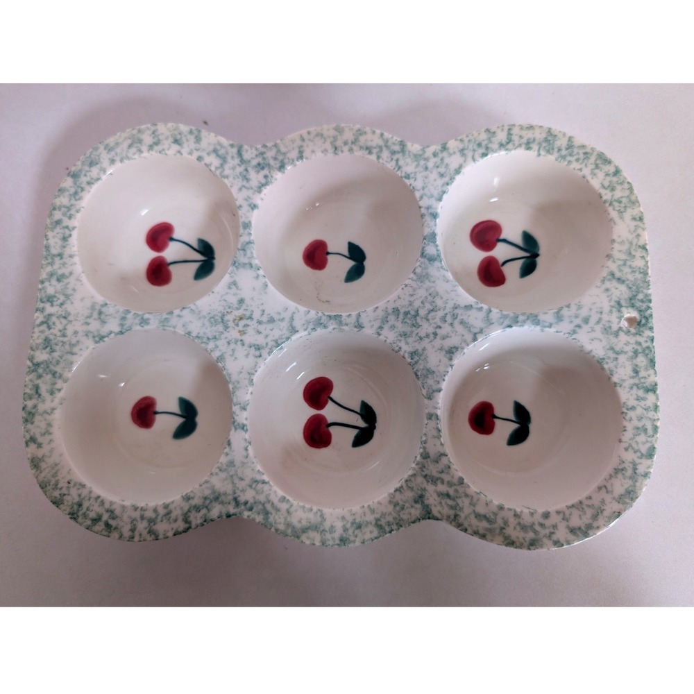Vintage Hartstone Cherry Stoneware Muffin Pan Hand Painted Green Speckle